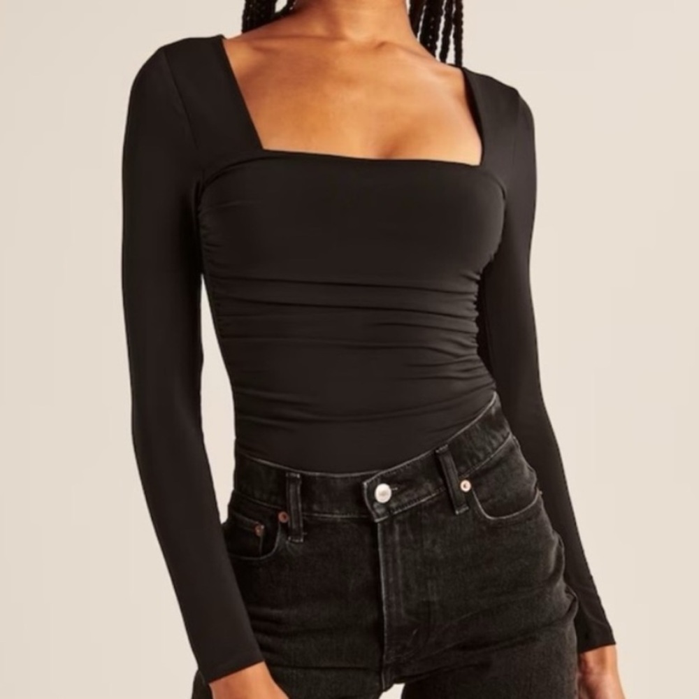 Abercrombie Long-Sleeve Ruched Squareneck Bodysuit Black